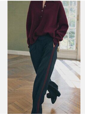 Zara Mid Waist Striped Trousers Navy/ Burgundy- Medium